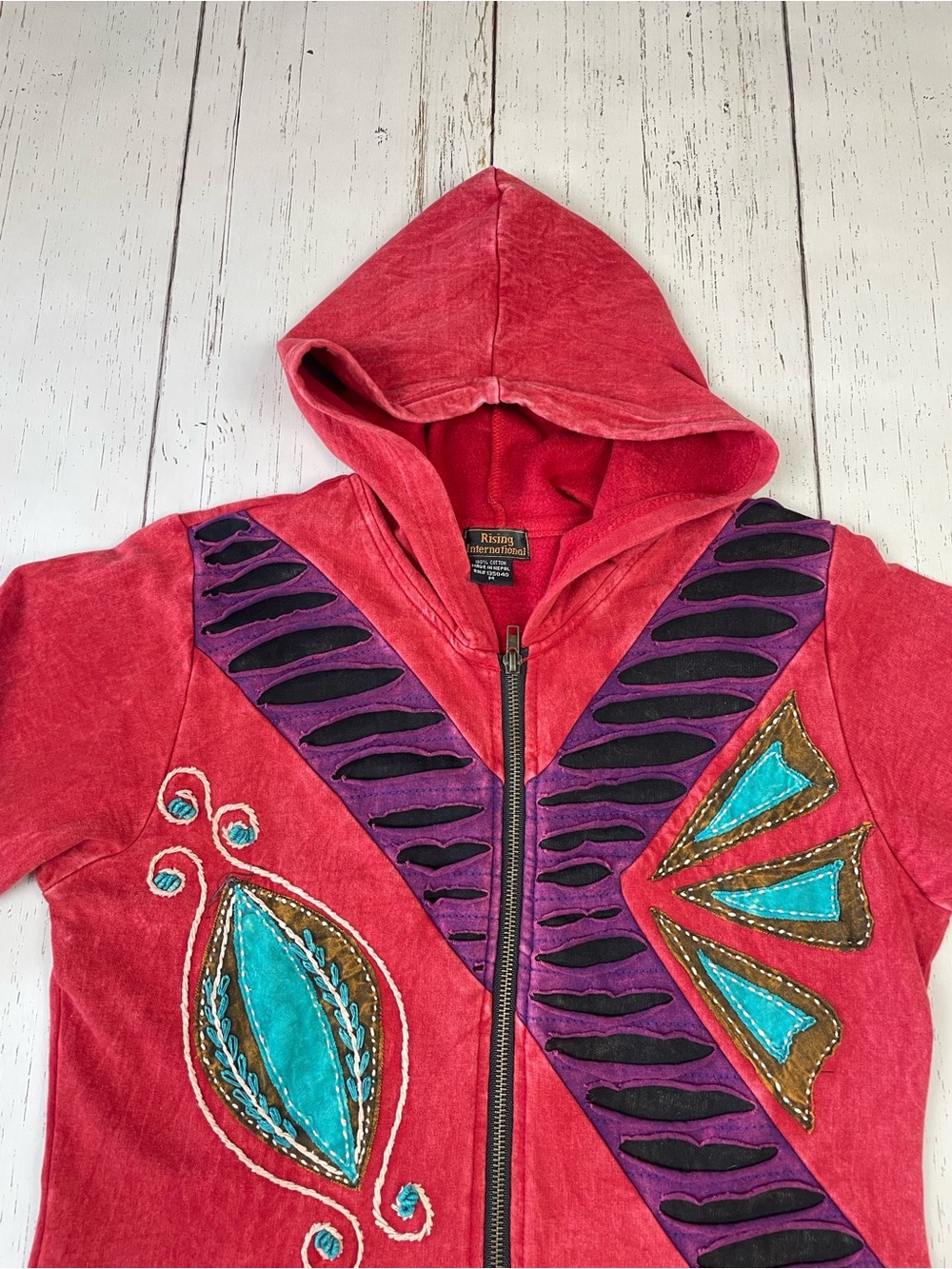 Rising International Patchwork Embroidered Long Zip Up Hoodie *Made in Nepal - Picture 8 of 16